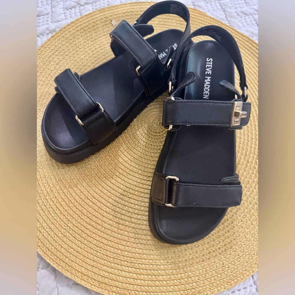 Steve Madden Kids Mona Sandals, Black, Velcro Straps, Little Girl Size 2 - Picture 2 of 7